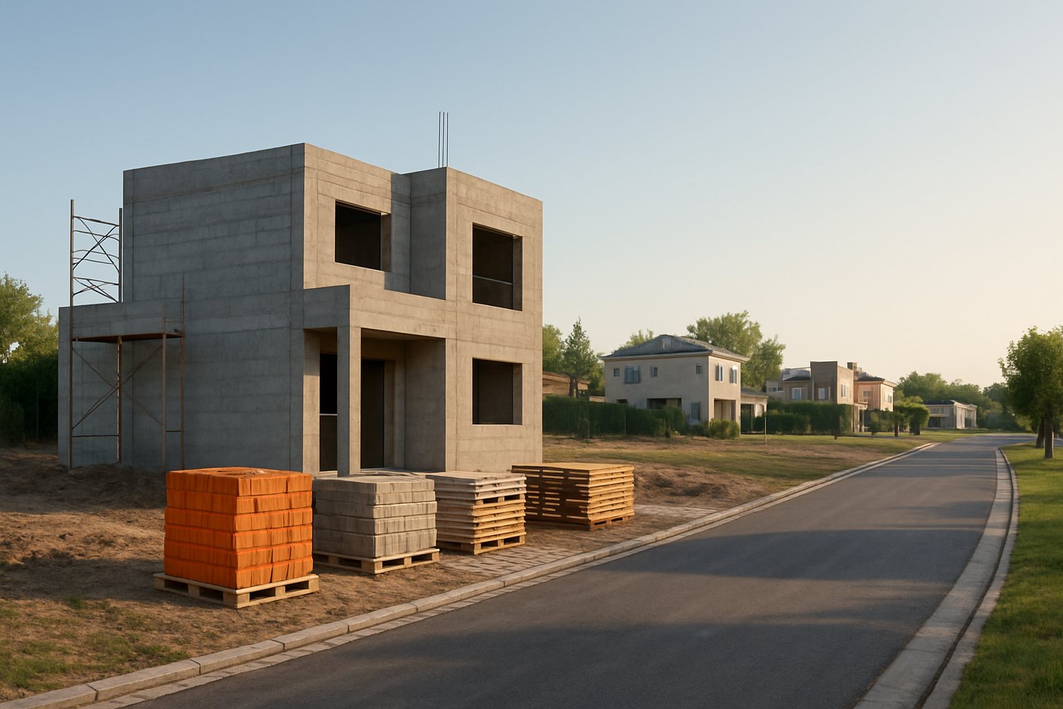 Vivienda en construcción junto a lotes vacíos y una calle interna de un barrio cerrado del Gran Buenos Aires